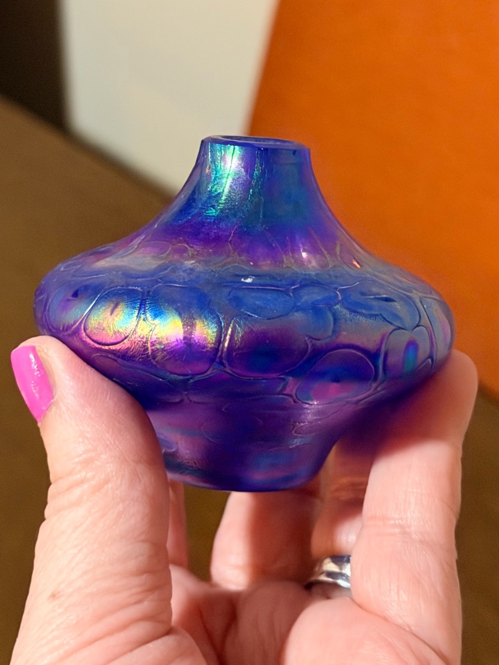 Iridescent Blue Art Glass oil lamp signed